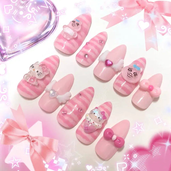 [BUNJANG] Handmade Hello Kitty & Oppanchew Nail Tips - Strawberry Milk Pink, Gyaru & Teen Style / (빠른배송)딸기우유 갸루 헬로키티 오빤쮸 수제네일팁 빤쮸토끼 산리오 공주 하이틴