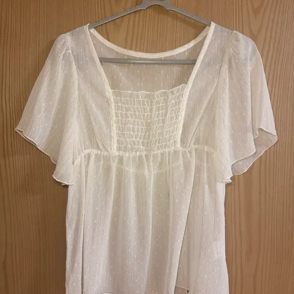 [BUNJANG] Vintage Mori Girl Chiffon Short Sleeve Polka Dot Blouse - White / 빈티지 모리걸 쉬폰 반팔 도트 블라우스 화이트
