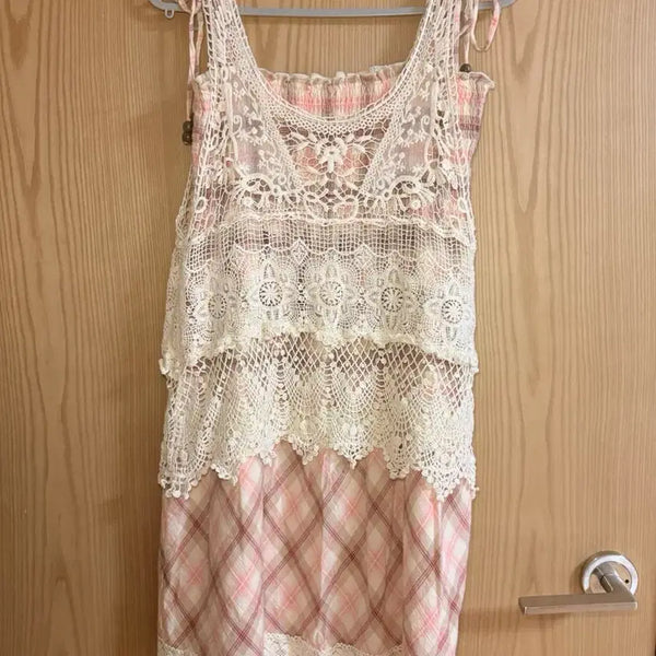 [BUNJANG] Mori Girl Strawberry Chocolate Check One-Piece Dress + Knit Vest Set / 모리걸 딸기초코맛 체크 원피스 + 니트 베스트 세트