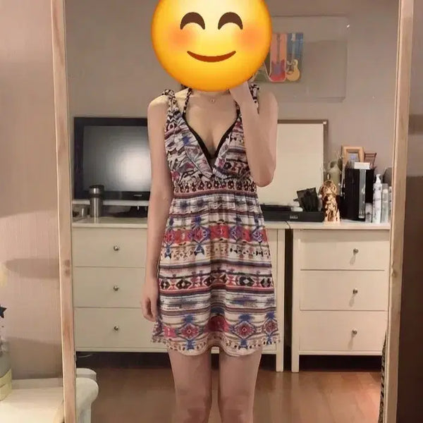 [BUNJANG] Patterned Sleeveless Dress 3-Piece Bikini Set / 패턴 민소매 원피스 3피스 비키니