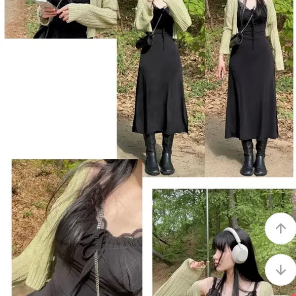 [BUNJANG] Black Bustier Long Dress + Light Green Cardigan Set / 블랙 뷔스티에 롱 원피스 + 연두색 가디건 세트