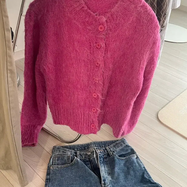 [BUNJANG] Pink Mohair Knit Cardigan / 핑크색 모헤어 니트 가디건