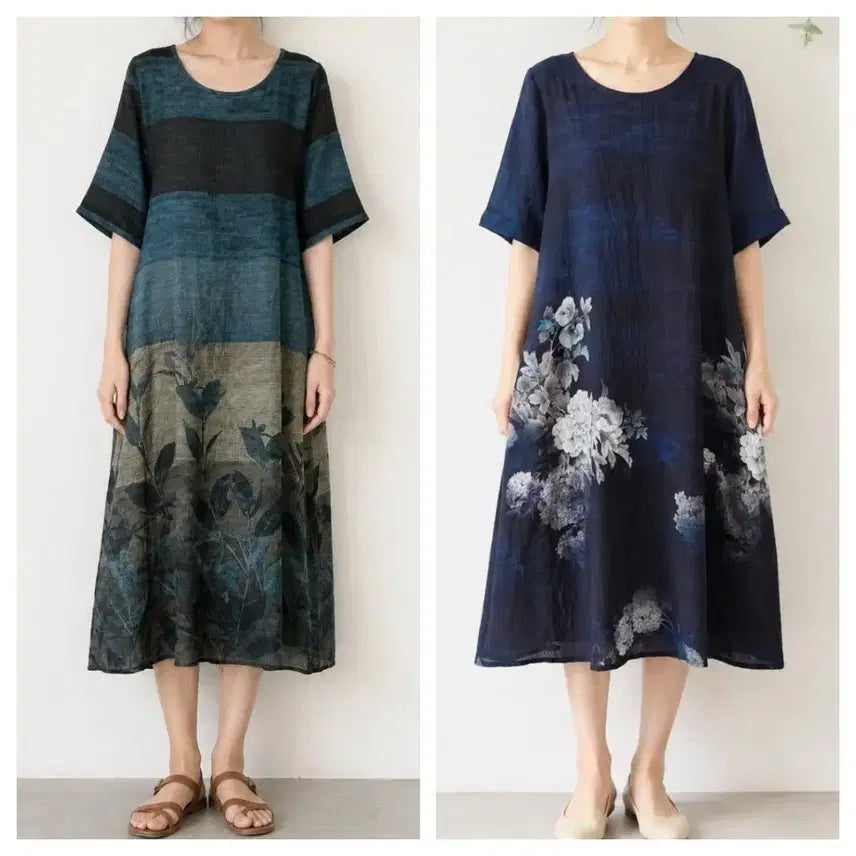 [BUNJANG] Premium Rayon Flower Long Dress (Navy/Blue) / 새상품) 시원하고 고급스러운 인견 플라워 롱 원피스 (네이비/블루)