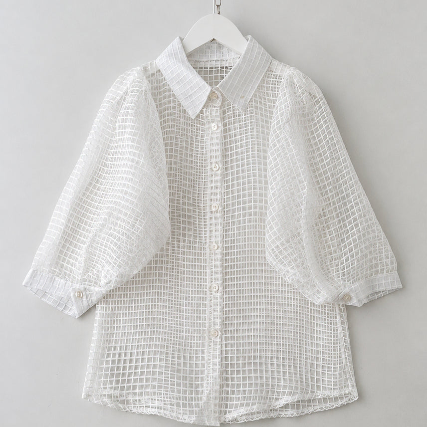 [BUNJANG] White Puff Cube See-Through Blouse / 44/ 화이트 퍼프 큐브 시스루br