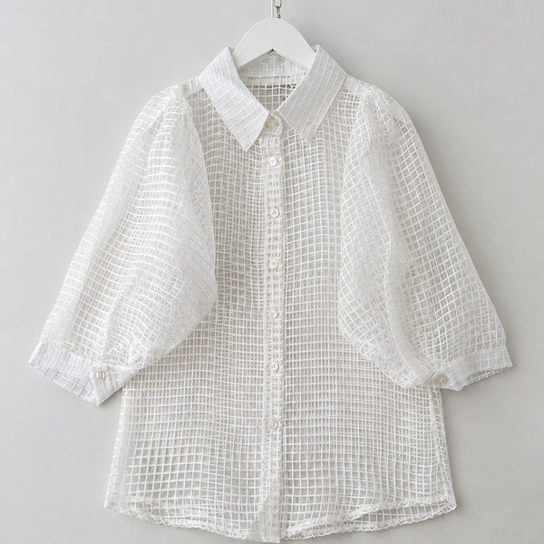 [BUNJANG] White Puff Cube See-Through Blouse / 44/ 화이트 퍼프 큐브 시스루br