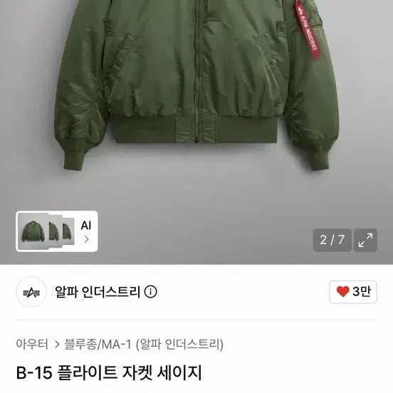[BUNJANG] Alpha Industries B-15 Flight Jacket Sage Green L Size / 알파 인더스트리 B-15 플라이트 자켓 세이지 l사이즈