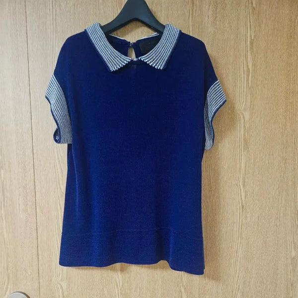 [BUNJANG] Lucky Chouette Striped Knit Short Sleeve Top / 럭키슈에뜨 스트라이프 뜨개 카라 배색 반팔 니트