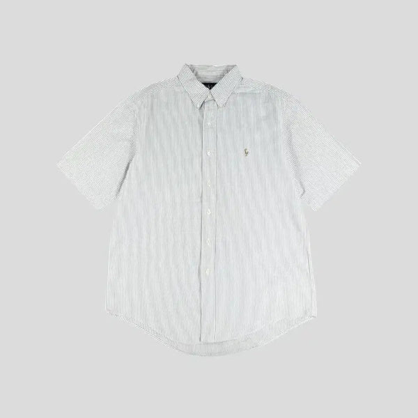 [BUNJANG] Polo Ralph Lauren 00s White Purple Stripe Multi-Pony Button-Down Oxford Cotton Short Sleeve Shirt XL / 폴로랄프로렌 00s 화이트 퍼플 배색 스트라이프 멀티포니 버튼다운 블레이크 옥스포드 코튼 반팔셔츠 하프셔츠 XL