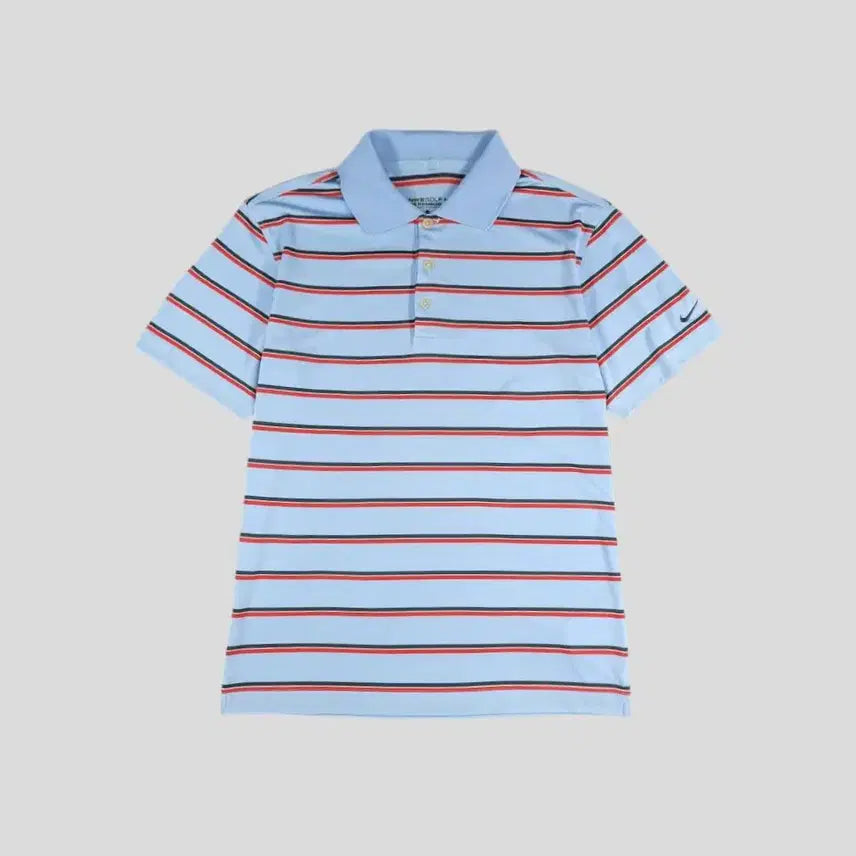 [BUNJANG] Nike Golf Sky Blue Red Navy Stripe Pattern Swoosh Logo Dri-FIT Half-Button Short Sleeve Polo Shirt L / 나이키 골프 스카이블루 레드 네이비 배색 스트라이프패턴 스우시 로고 드라이핏 하프버튼 카라넥 반팔 티셔츠 L