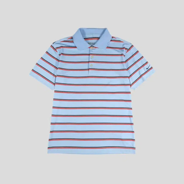 [BUNJANG] Nike Golf Sky Blue Red Navy Stripe Pattern Swoosh Logo Dri-FIT Half-Button Short Sleeve Polo Shirt L / 나이키 골프 스카이블루 레드 네이비 배색 스트라이프패턴 스우시 로고 드라이핏 하프버튼 카라넥 반팔 티셔츠 L