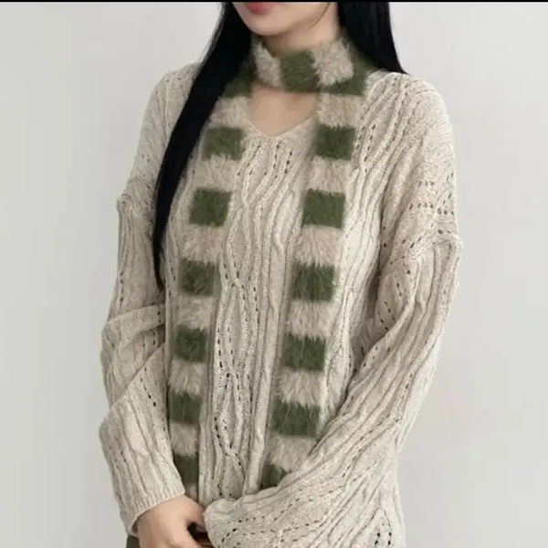 [BUNJANG] Stripe Knit Muffler (Beige/Green) / 새상품] 스트라이프 니트 단가라 머플러 (베이지/그린)