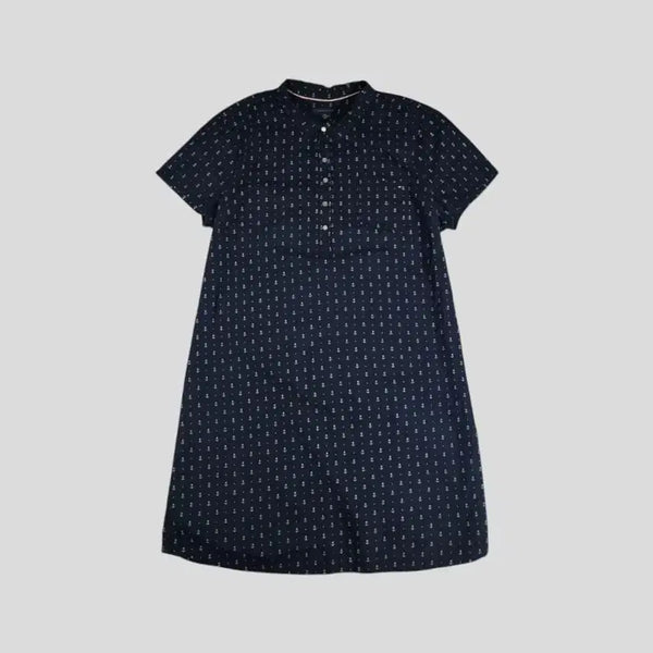 [BUNJANG] Tommy Hilfiger Navy White Color-Block Anchor Pattern Half-Button Collar Neck Cotton Marine Look Short Sleeve Long Dress / 타미힐피거 네이비 화이트 배색 앵클 닻 패턴 체스트포켓 하프버튼 카라넥 코튼 마린룩 반팔 셔츠 롱 원피스 WOMANS FREE