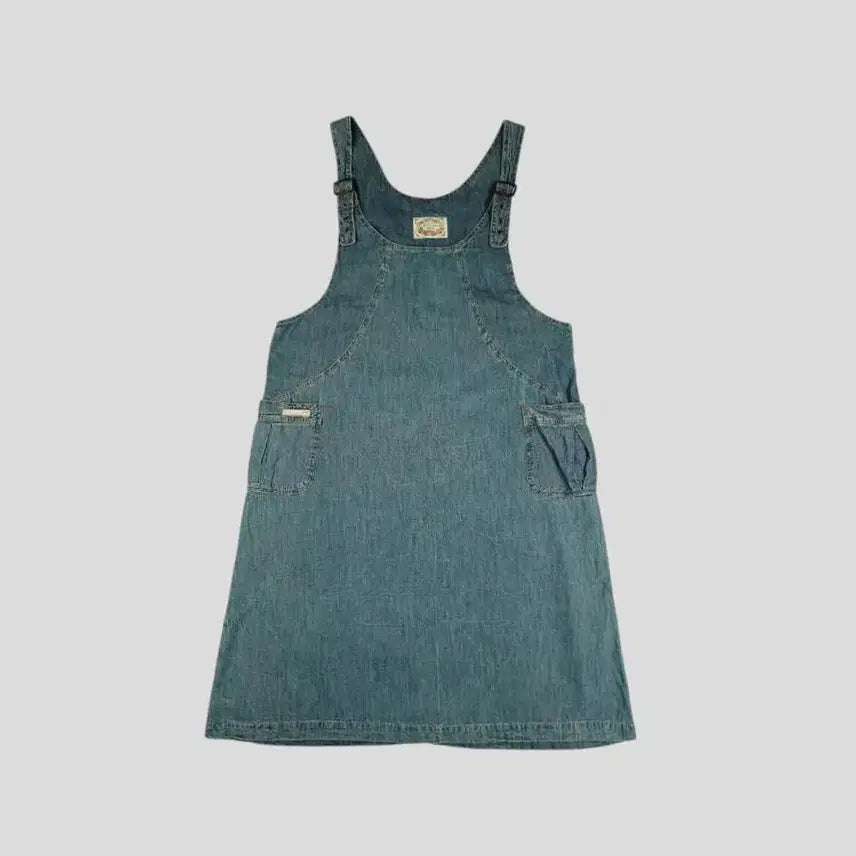 [BUNJANG] Vintage Light Wash Distressed Denim Overall Dress / 빈티지 연청워싱 절개라인 아메카지 모리 레이어드 청 데님 오버롤 멜빵 원피스 WOMANS FREE