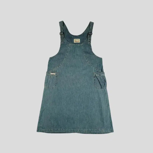 [BUNJANG] Vintage Light Wash Distressed Denim Overall Dress / 빈티지 연청워싱 절개라인 아메카지 모리 레이어드 청 데님 오버롤 멜빵 원피스 WOMANS FREE