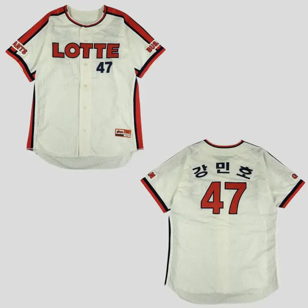 [BUNJANG] Lotte Giants Kang Min-ho #47 Home Raglan Mesh Baseball Jersey T-shirt (3XL) / 롯데자이언츠 카멜레온 화이트 레드 네이비 배색 강민호 넘버47 홈 레글런 메쉬 유니폼 야구져지 반팔 티셔츠 3XL