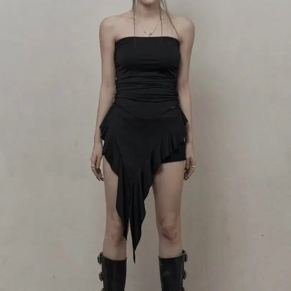 [BUNJANG] Khaki Point Ruffle Layered Sleeveless Top - Black / 카키포인트 러플 레이어드 탑 블랙 슬리브리스