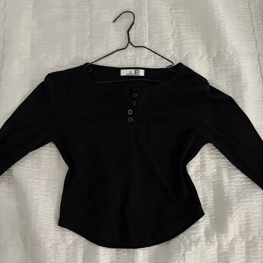[BUNJANG] Cropped Long Sleeve T-Shirt - Black / 크롭 굴림 긴팔티 블랙