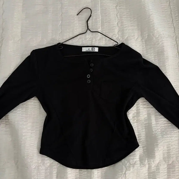 [BUNJANG] Cropped Long Sleeve T-Shirt - Black / 크롭 굴림 긴팔티 블랙