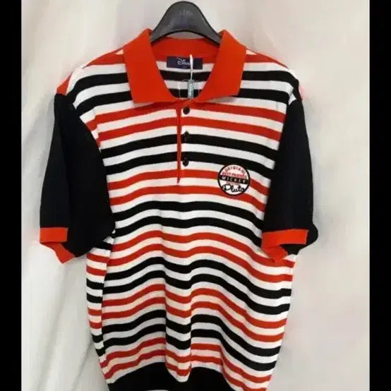 [BUNJANG] Disney Mickey Mouse Striped PK Collar Knit Mesh T-Shirt / 디즈니 미키마우스 스트라이프 PK카라 반팔 니트 메쉬티셔츠
