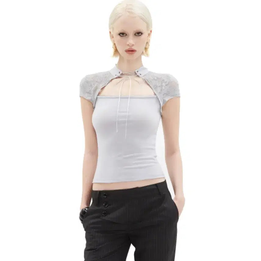 [BUNJANG] Hilda Tie Neck Lace See-through Slim T-Shirt Sleeveless - Gray / 힐다 타이넥 레이스 시스루 슬림 티 반팔 티셔츠 슬리브리스 그레이 회색