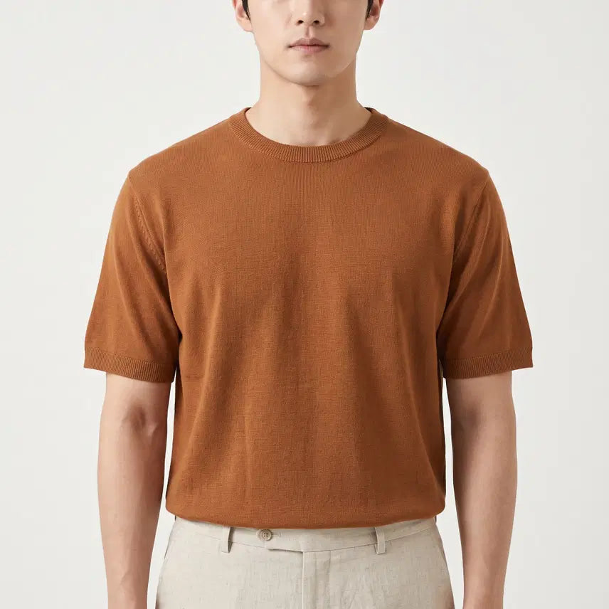 [BUNJANG] L'UOMO Camel Brown Round Short Sleeve Knit 95 / 워모 카멜 브라운 라운드 반팔 니트 95
