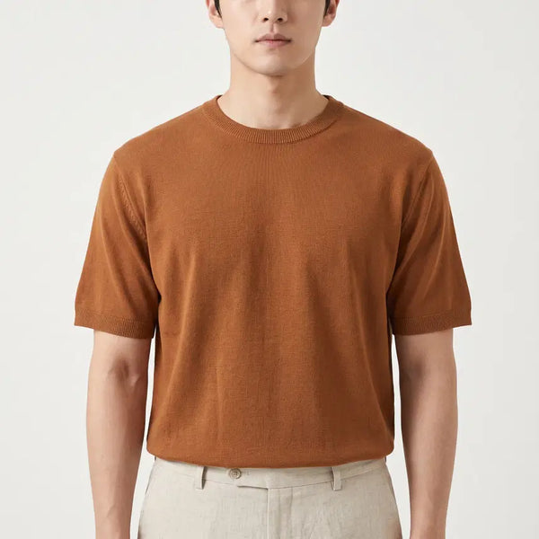 [BUNJANG] L'UOMO Camel Brown Round Short Sleeve Knit 95 / 워모 카멜 브라운 라운드 반팔 니트 95