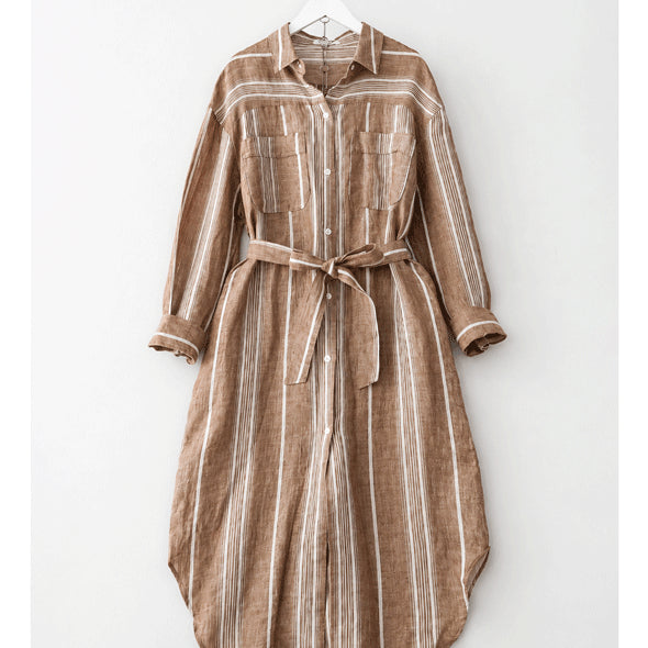 [BUNJANG] Linen Stripe Shirt Dress with Belt / 고급린넨 스트라이프 셔츠OPS