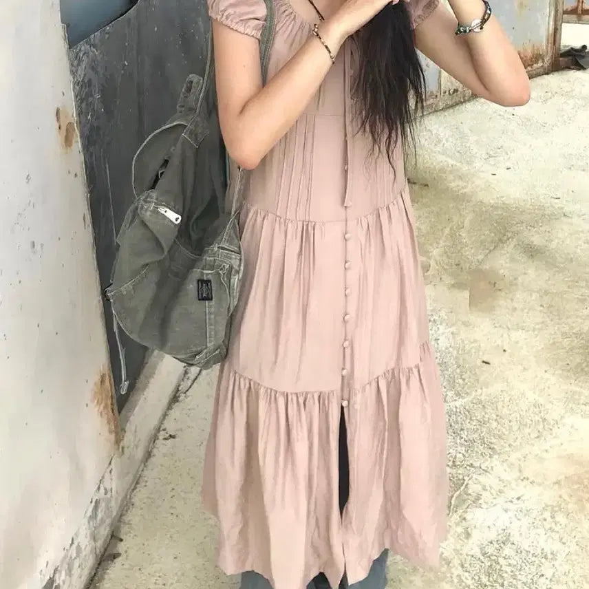 [BUNJANG] Sizzle Indie Pink Dress with Bean Buttons / 시즐 콩단추인디핑크원피스