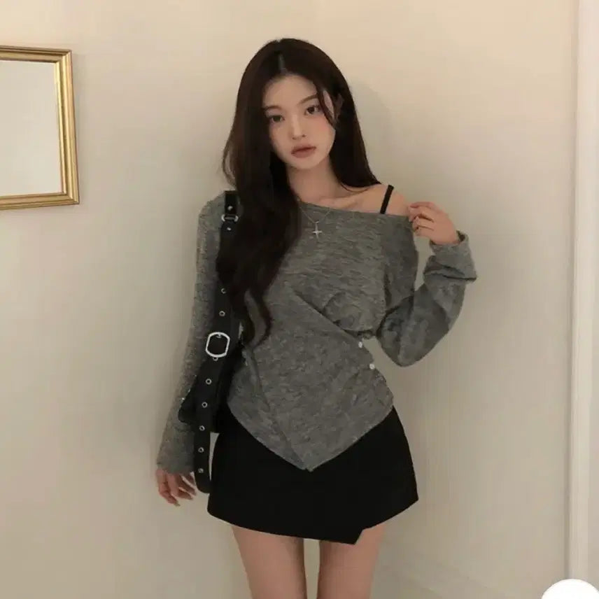 [BUNJANG] Classic Blanc Wrap Button Long Sleeve Knit Grey / 클래식블랑 랩 버튼 긴팔 니트 그레이 에이블리 교신 가능