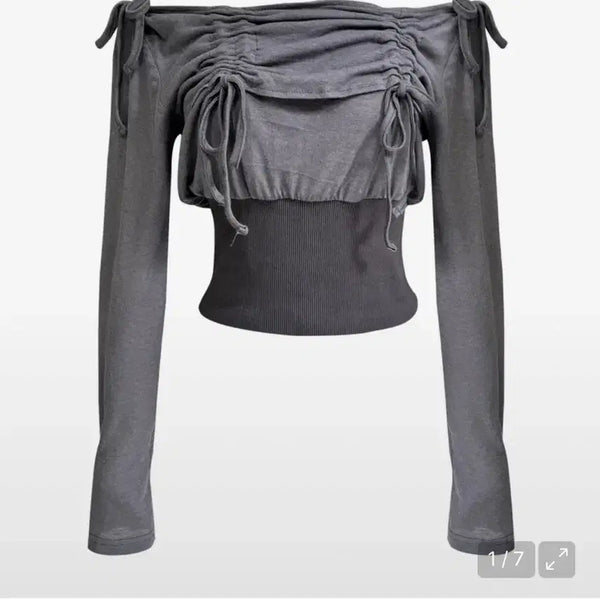 [BUNJANG] Lavigne Off-Shoulder Shirring Top Charcoal / 쎄쎄쎄  setsetset LAVIGNE 오프숄더 셔링탑 차콜 긴팔티셔츠