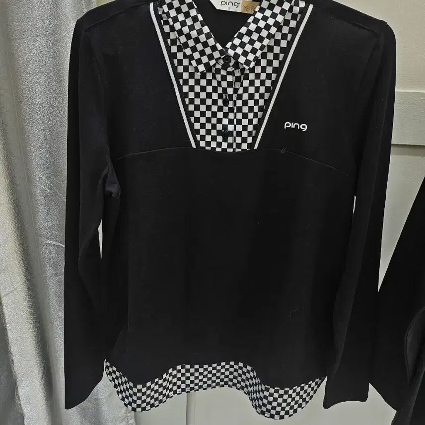 [BUNJANG] Ping Golf Wear Check Collar Long Sleeve T-Shirt Black / 핑 골프웨어 체크 칼라 긴팔 티셔츠 블랙 100