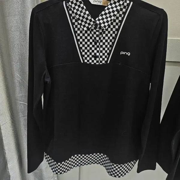 [BUNJANG] Ping Golf Wear Check Collar Long Sleeve T-Shirt Black / 핑 골프웨어 체크 칼라 긴팔 티셔츠 블랙 100