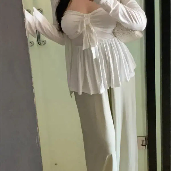 [BUNJANG] White Frill Strap Camisole Cardigan Set / 에이블리 화이트 프릴 끈 나시 블라우스 가디건 세트