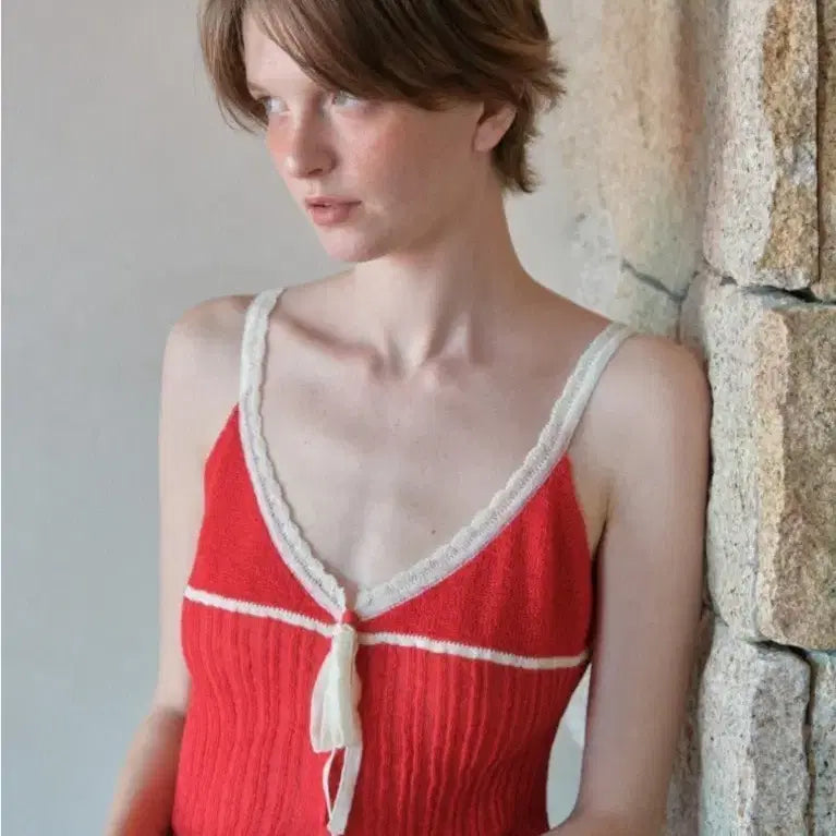 [BUNJANG] Tudment Ribbon Knit Bustier Red / 튜드먼트 리본 니트 뷔스티에 레드 새 제품