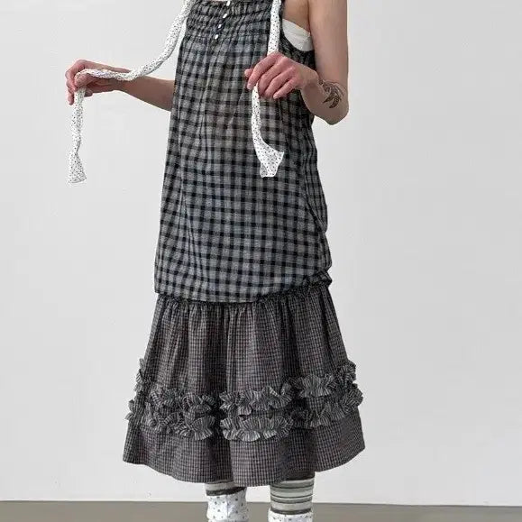 [BUNJANG] Vintage Mori Girl Style Checkered 3-Piece Set / 빈티지 모리걸 st 체크 세트 (3p)