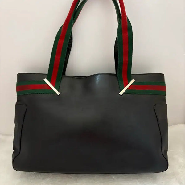 [BUNJANG] Gucci Black Leather Web Stripe Tote Bag / 구찌 블랙 레더 삼선 포인트 토트백(정품)