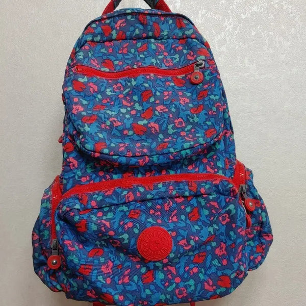 [BUNJANG] Kipling Floral Pattern Backpack Blue/Red / 키플링 백팩 꽃무늬 블루/레드