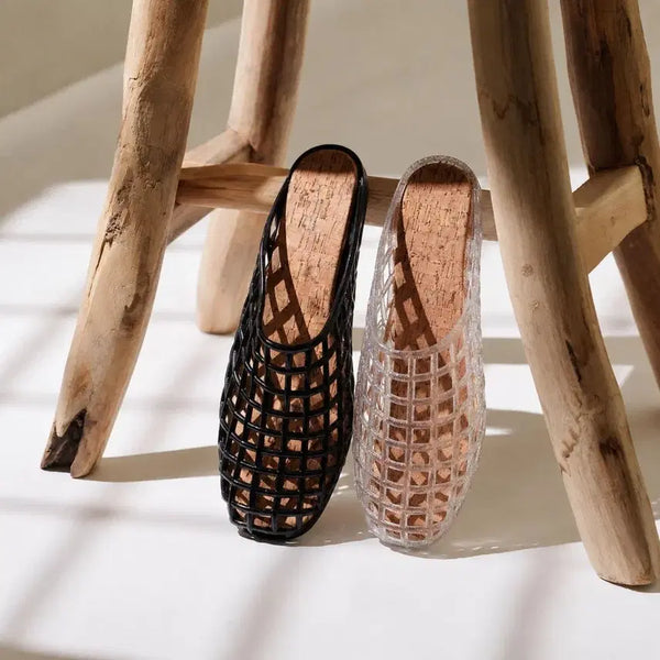 [BUNJANG] Jelly Slides Sandals Black & Transparent Lattice Pattern / 새상품 젤리슬리퍼 젤리슈즈 블랙&투명 격자무늬 샌들