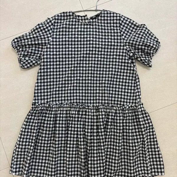[BUNJANG] ZARA Gingham Check Flare Frill Puff Short Sleeve Mini Dress / 자라(ZARA) 깅엄 체크 플레어 프릴 퍼프 반팔 미니 원피스