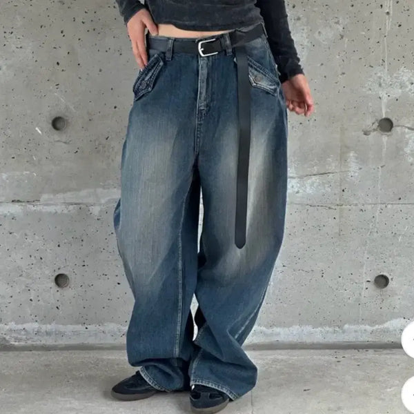 [BUNJANG] Ablie Vintage Washed Wide Leg Jeans / 에이블리 빈티지 워싱 백 포켓 와이드 진청