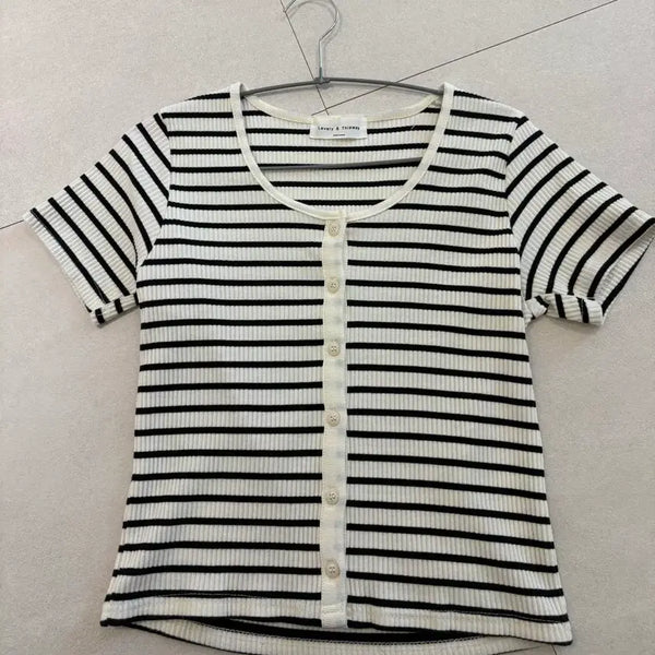 [BUNJANG] Young & Rich Striped Button Short Sleeve Ribbed Cardigan Knit / 영앤리치 스트라이프 단가라 버튼 반팔 골지 가디건 니트