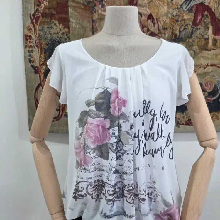 [BUNJANG] Romantic Rose Art Printing Flutter Sleeve Chiffon Blouse / [로맨틱/44~55반] 장미 아트 프린팅 백레이스 플러터 소매 쉬폰 블라우스
