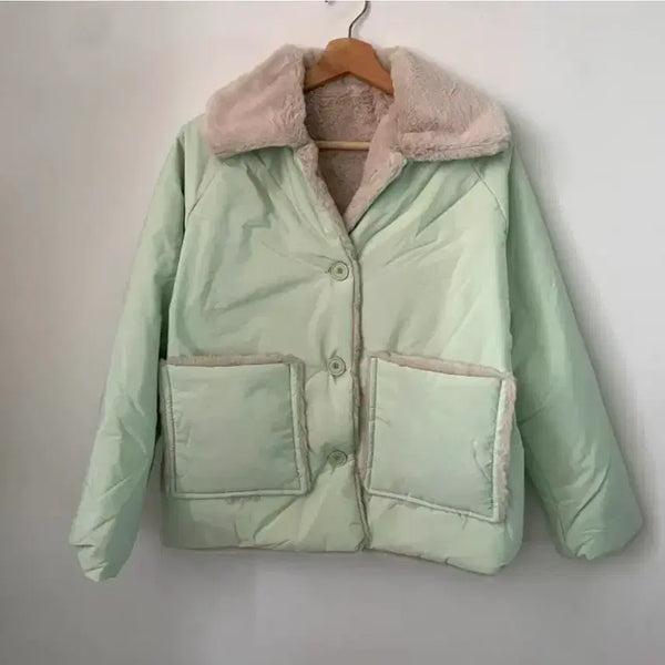 [BUNJANG] Pastel Mint Cozy Faux Fur Padded Jacket / 파스텔톤 민트 포그니 퍼 패딩 자켓 점퍼