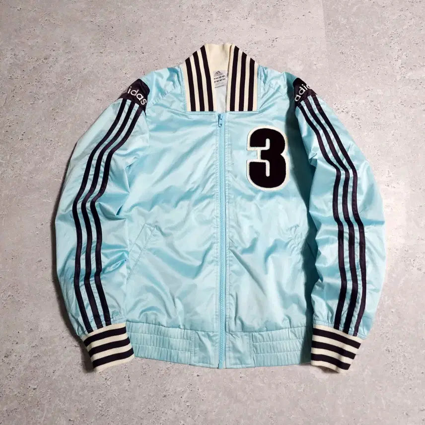 [BUNJANG] Adidas Big Logo Windbreaker Jacket Mint x Brown Stripe / 아디다스 양팔 빅로고 민트x브라운 블루종 바람막이 단가라 자켓