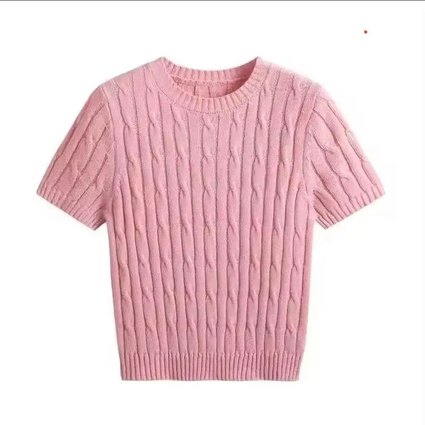 [BUNJANG] Pink Cable Knit Short Sleeve T-shirt / 핑크색 케이블 니트 반팔