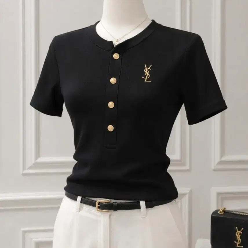 [BUNJANG] Saint Laurent Black YSL Logo Gold Button Ribbed Short Sleeve T-Shirt / 생 로랑 블랙 YSL 로고 금장 버튼 골지 반팔 티셔츠