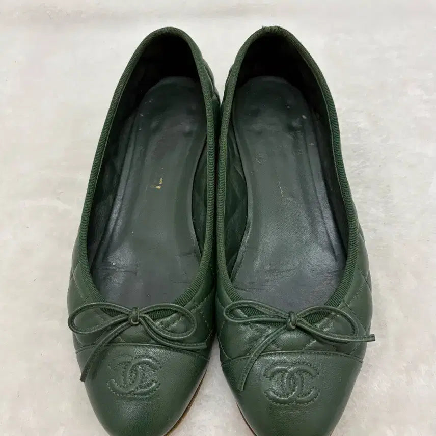 [BUNJANG] Chanel Green Quilted Ribbon Flats Size 37 / 정품) 샤넬 그린 퀼팅 리본 플랫슈즈 37/240사이즈