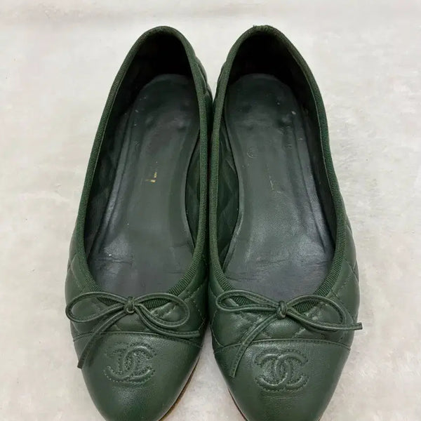 [BUNJANG] Chanel Green Quilted Ribbon Flats Size 37 / 정품) 샤넬 그린 퀼팅 리본 플랫슈즈 37/240사이즈
