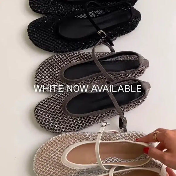 [BUNJANG] Mesh Strap Flat Shoes - Black, Silver, White / 메쉬 스트랩 플랫 슈즈 블랙/실버/화이트 새상품