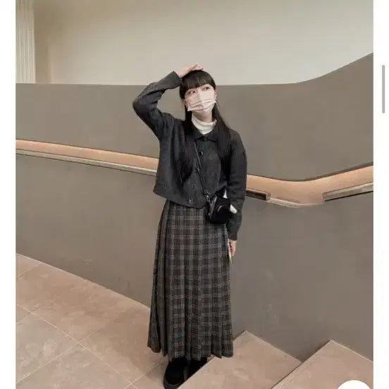 [BUNJANG] Beanbl Gray Check Wool Pleats Long Skirt / 빈블 그레이 체크 울 플리츠 롱 스커트